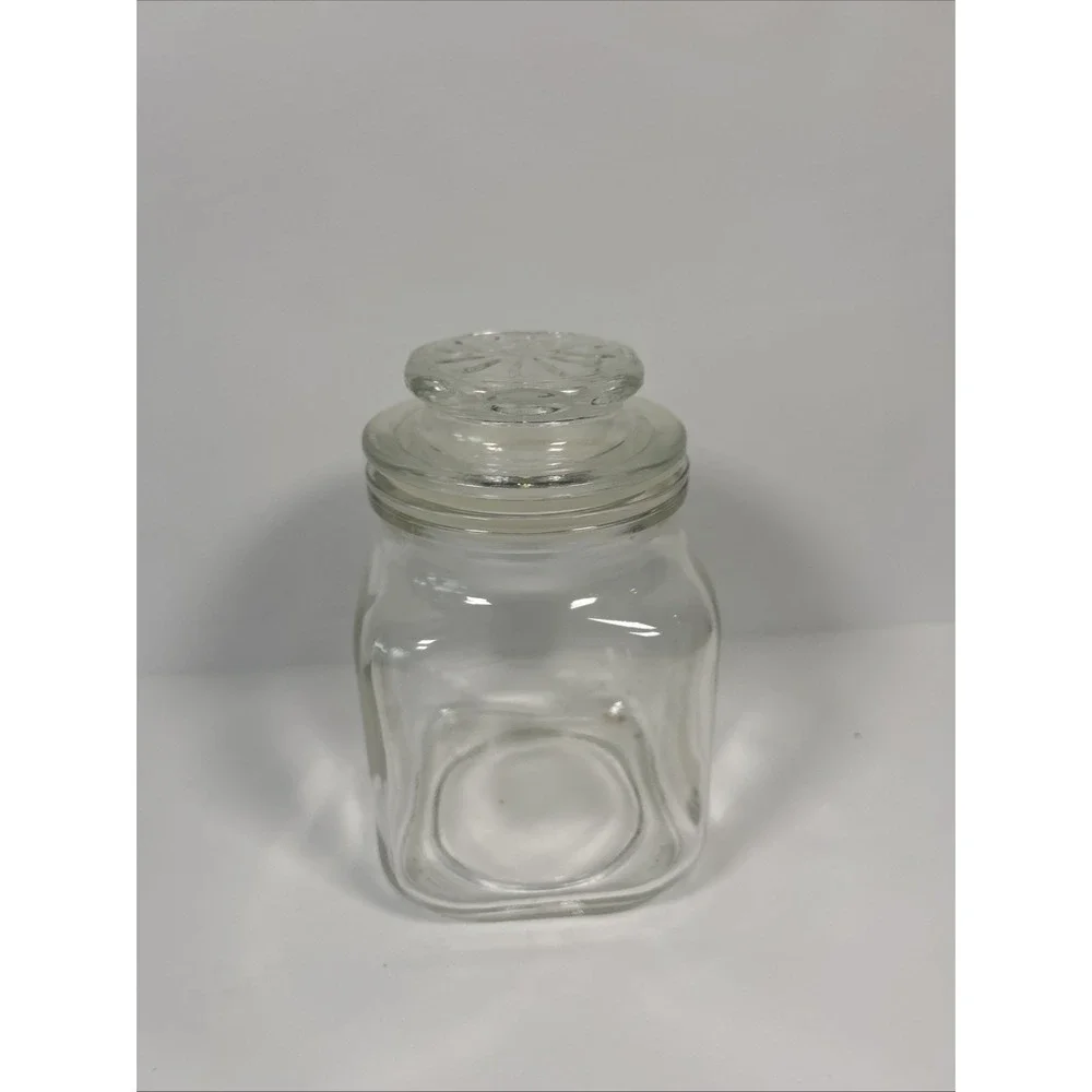 Vintage Anchor Hocking Glass Canister Square Apothecary Jar Starburst Lid 1 Qt
